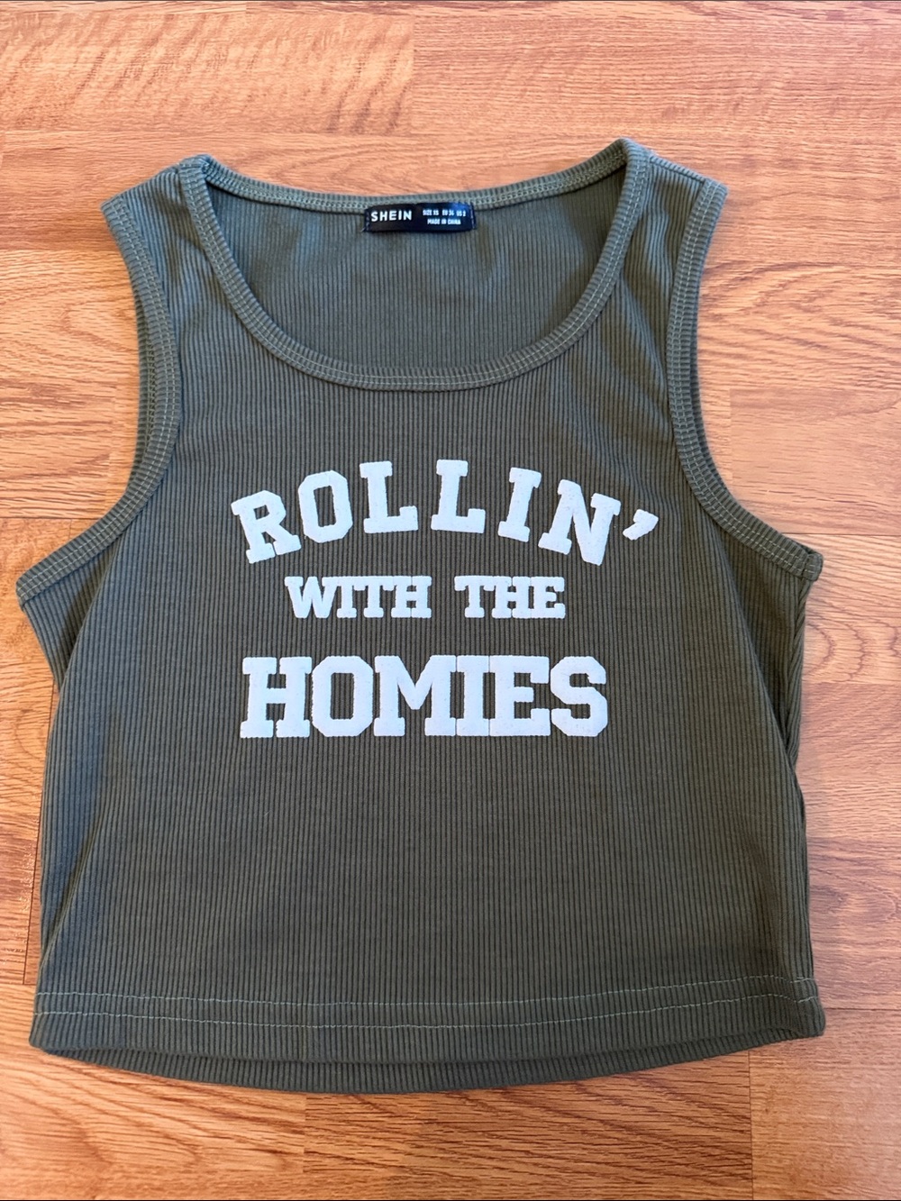 SHEIN Rollin’ With The Homies Olive Ribbed Crop Tank with White Print